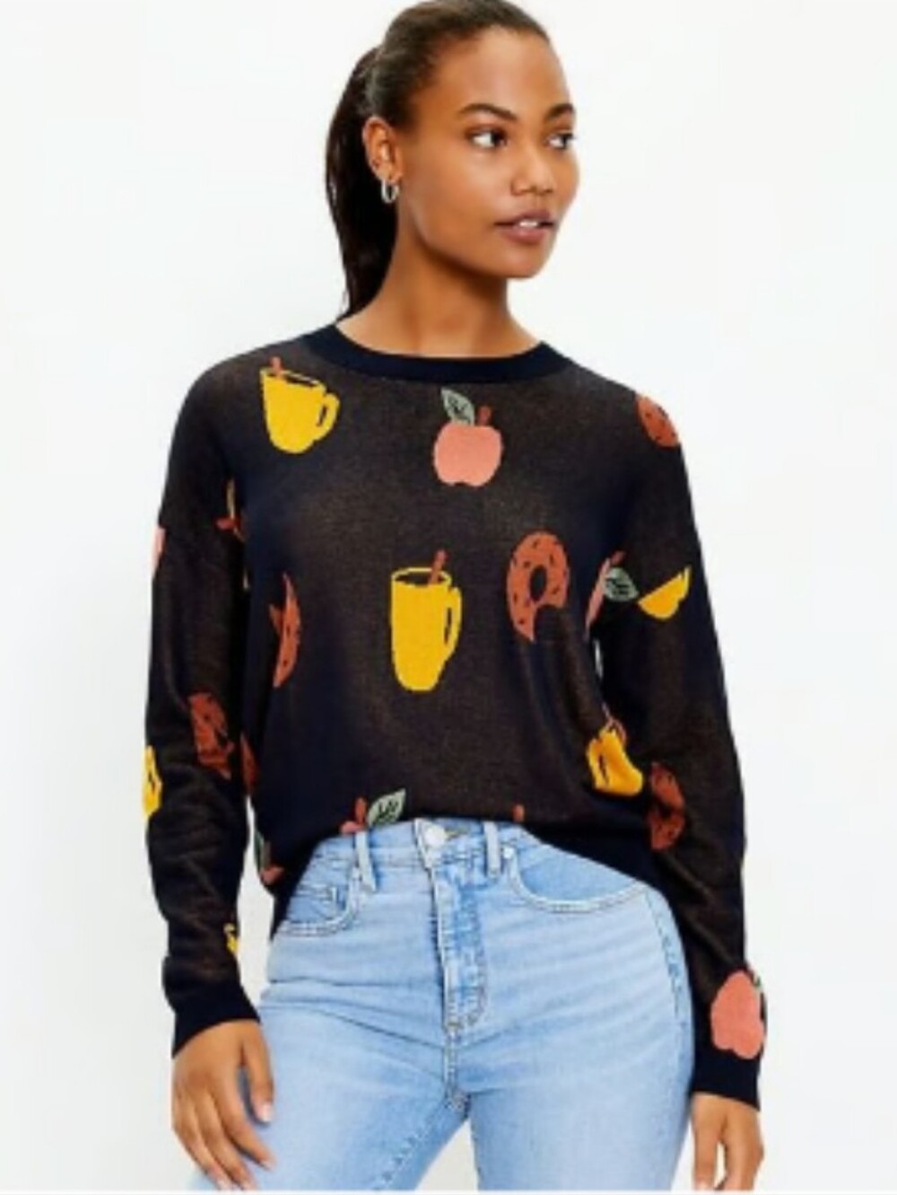 LOFT Fall Cider Donuts Teacher Apple Harvest Navy Lightweight Sweater Size XL